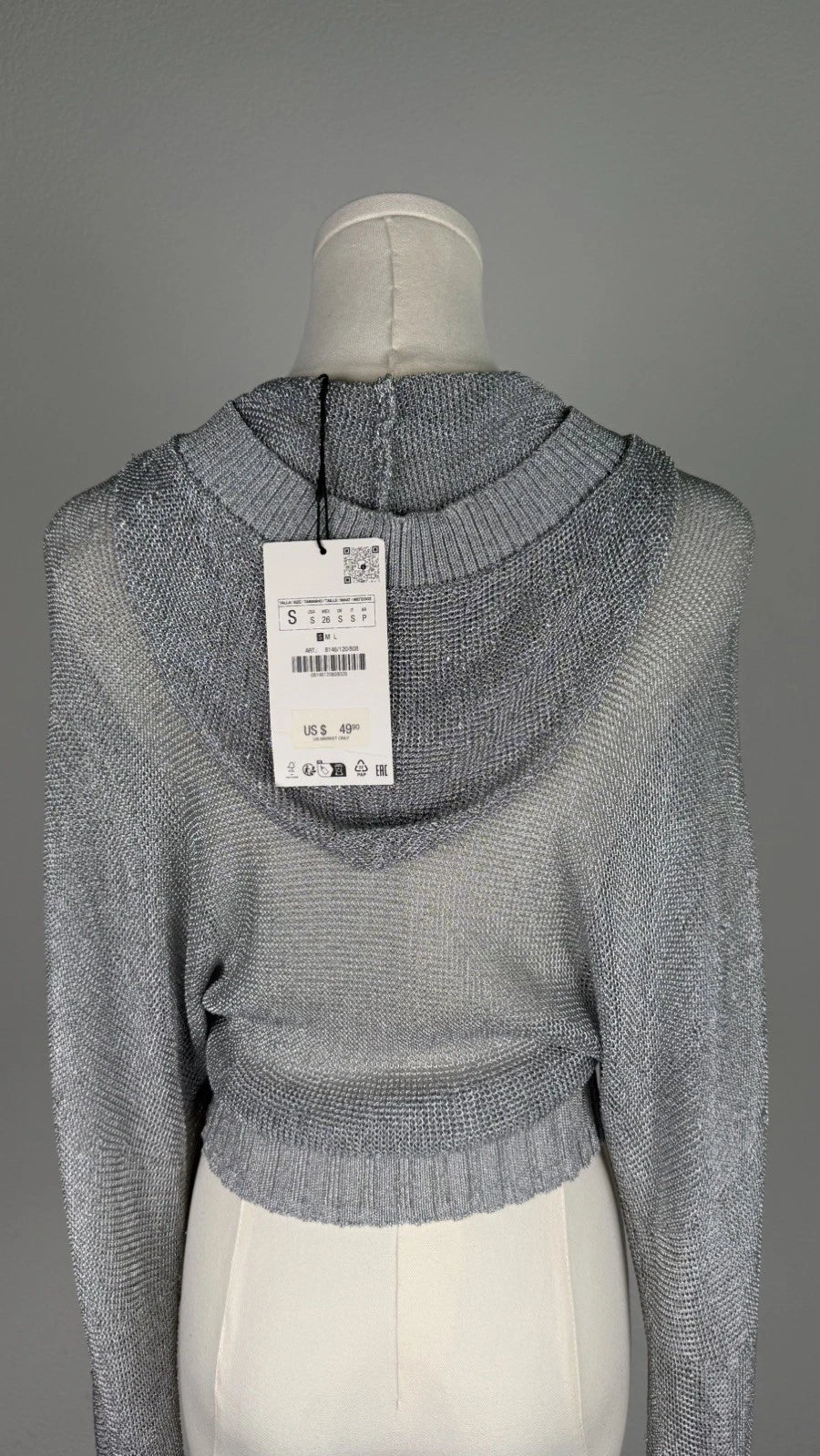ZARA Metallic Silver Open Knit Cropped Hoodie Sweater Size S