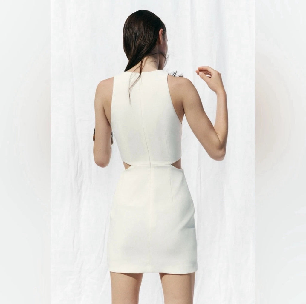 ZARA Cut Out Mini Dress Ecru White Gold Hardware Size M NWT