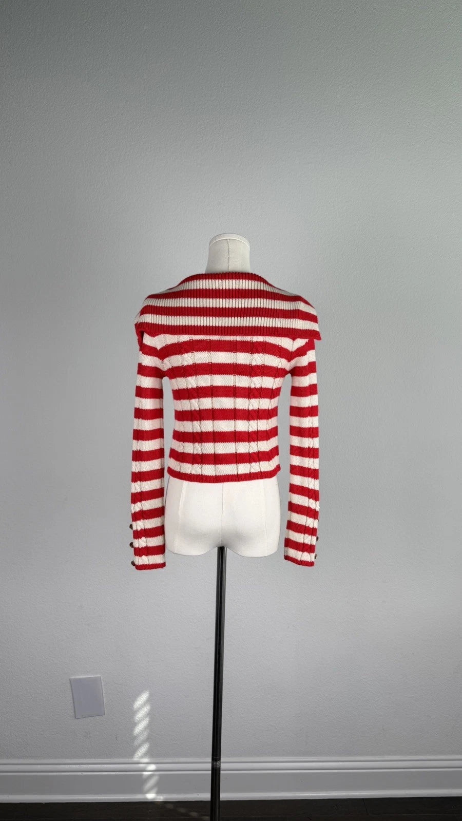 ZARA Women's Red Cream Striped Knit Cardigan XS Wide Collar Button Front NWOT