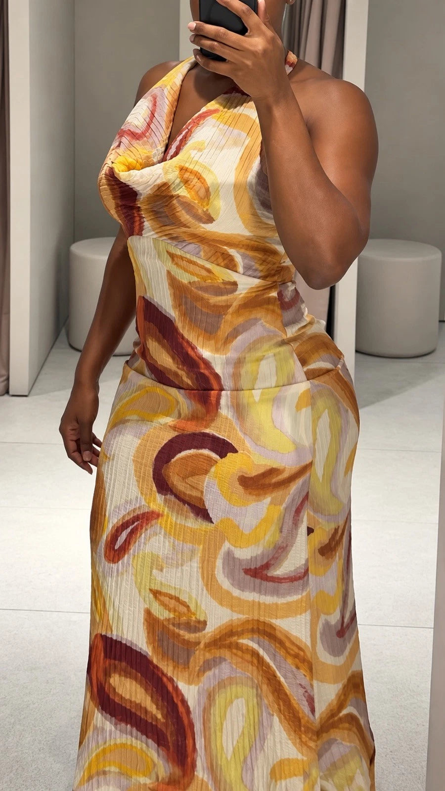 ZARA Abstract Print Cowl Neck Crochet Back Lined Maxi Dress Multicolor S