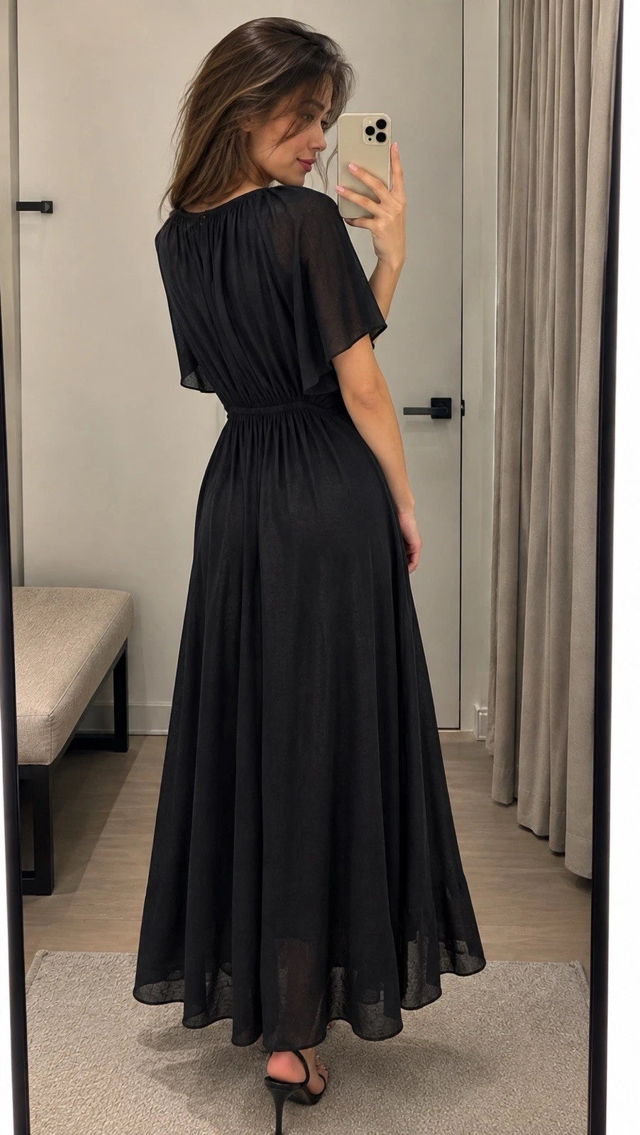 ZARA Women’s Black Sheer Ruffle Flutter Sleeve Maxi Dress Size S