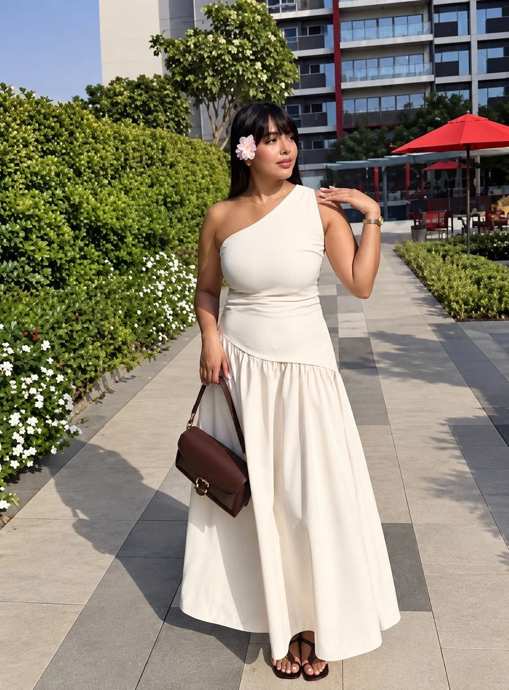 ZARA Cream One Shoulder Ruched Textured A-Line Midi Dress Size S/M NWT