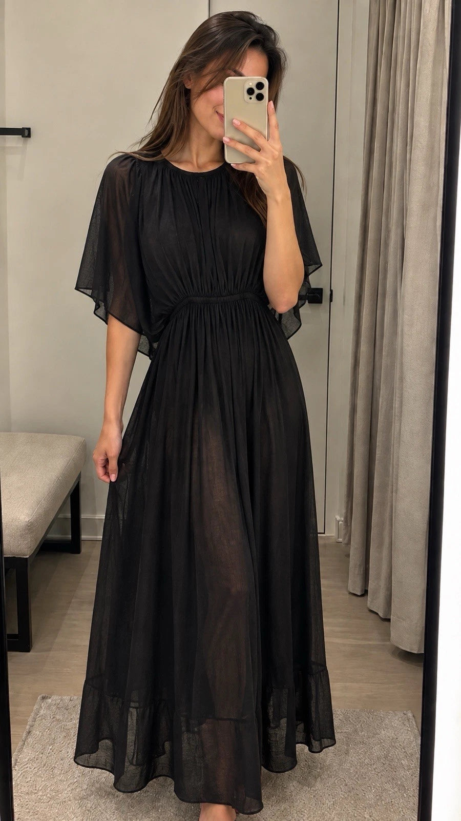 ZARA Women’s Black Sheer Ruffle Flutter Sleeve Maxi Dress Size S