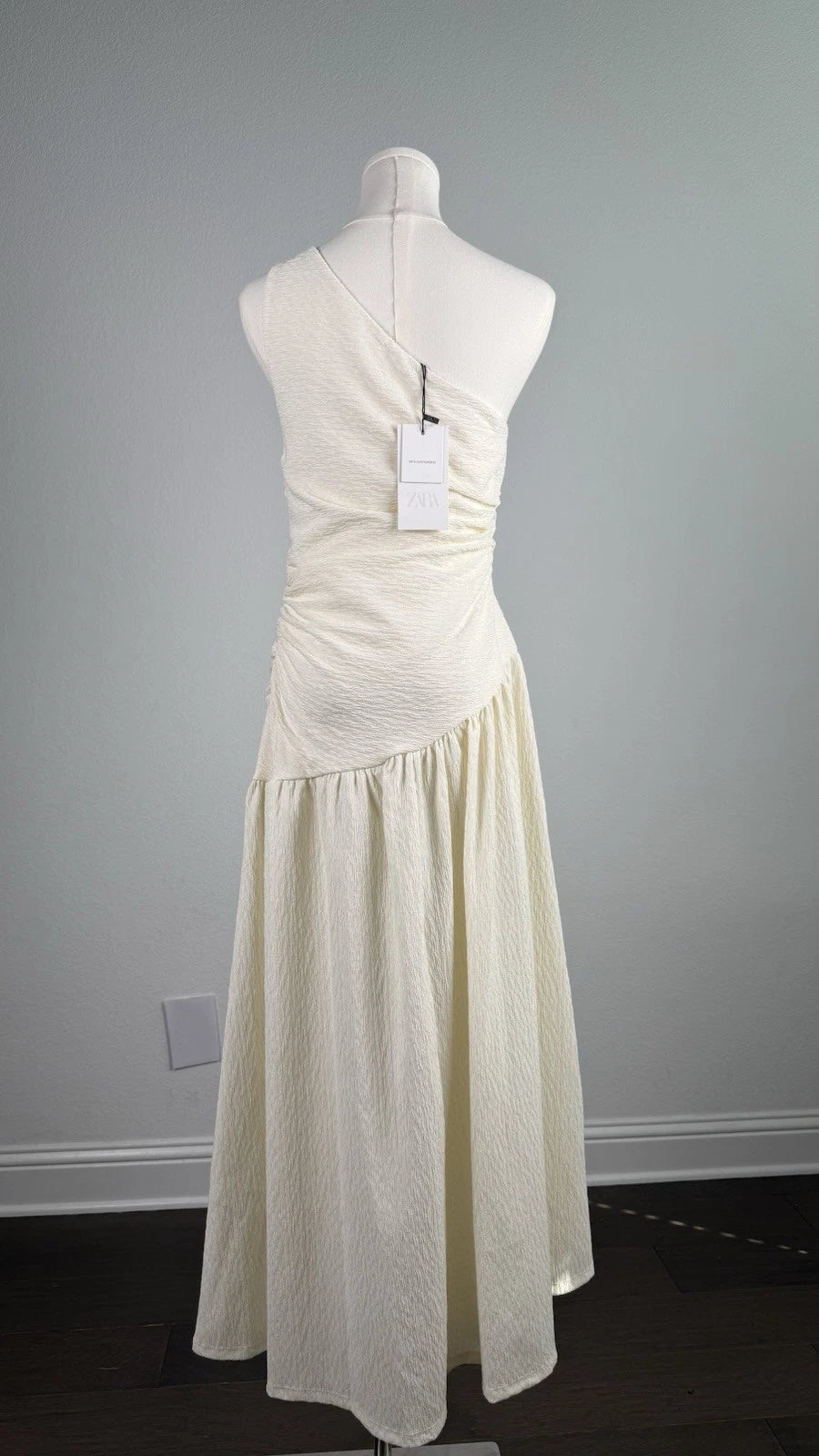 ZARA Cream One Shoulder Ruched Textured A-Line Midi Dress Size S/M NWT