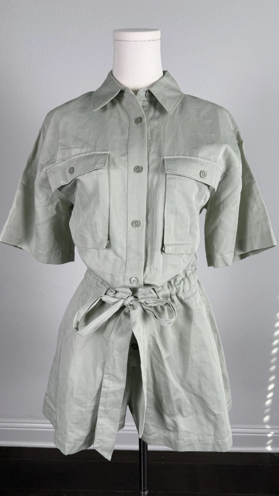 ZARA Women’s Green Solid Utility Romper Size S Collared Button Belted Pockets