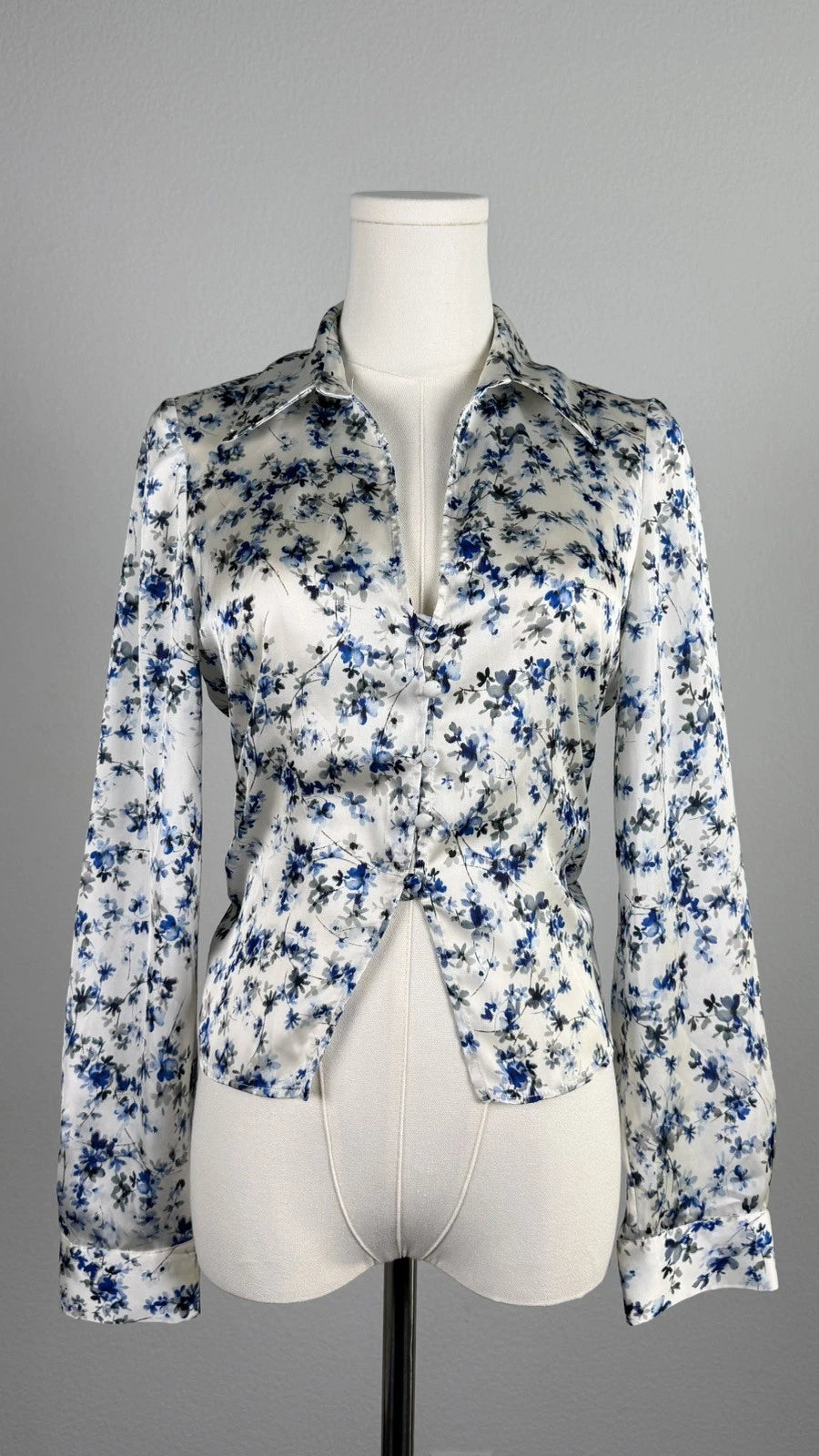ZARA Blue White Floral Satin Fitted Shirt Blouse Size S 2580/126