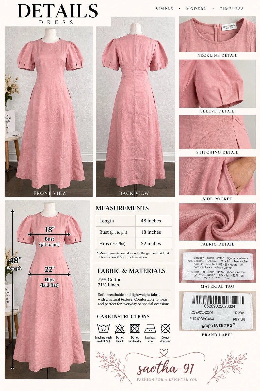 ZARA Pink Puff Sleeve Pleated A-Line Midi Dress Pockets Cotton Linen Size M