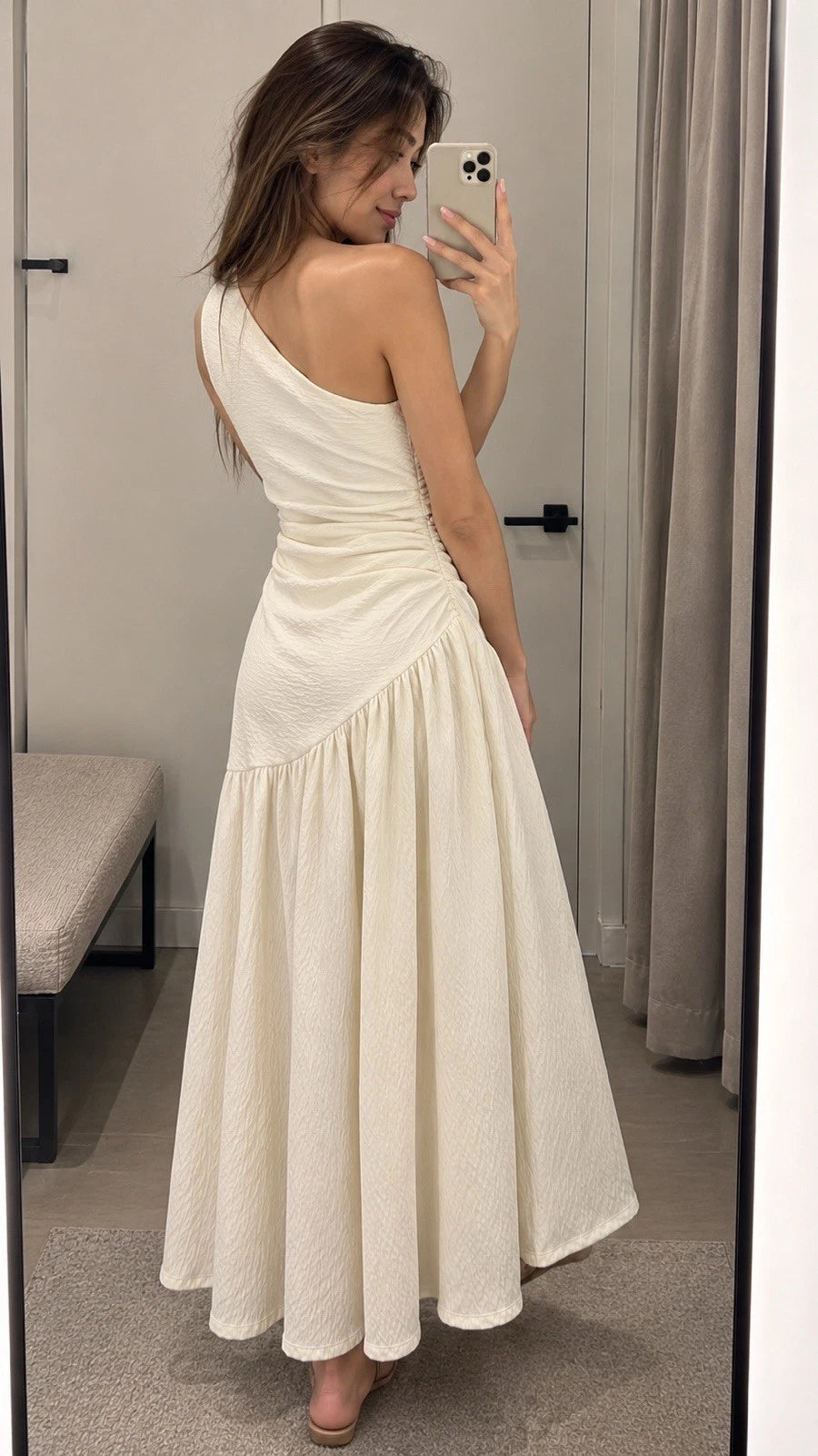 ZARA Cream One Shoulder Ruched Textured A-Line Midi Dress Size S/M NWT