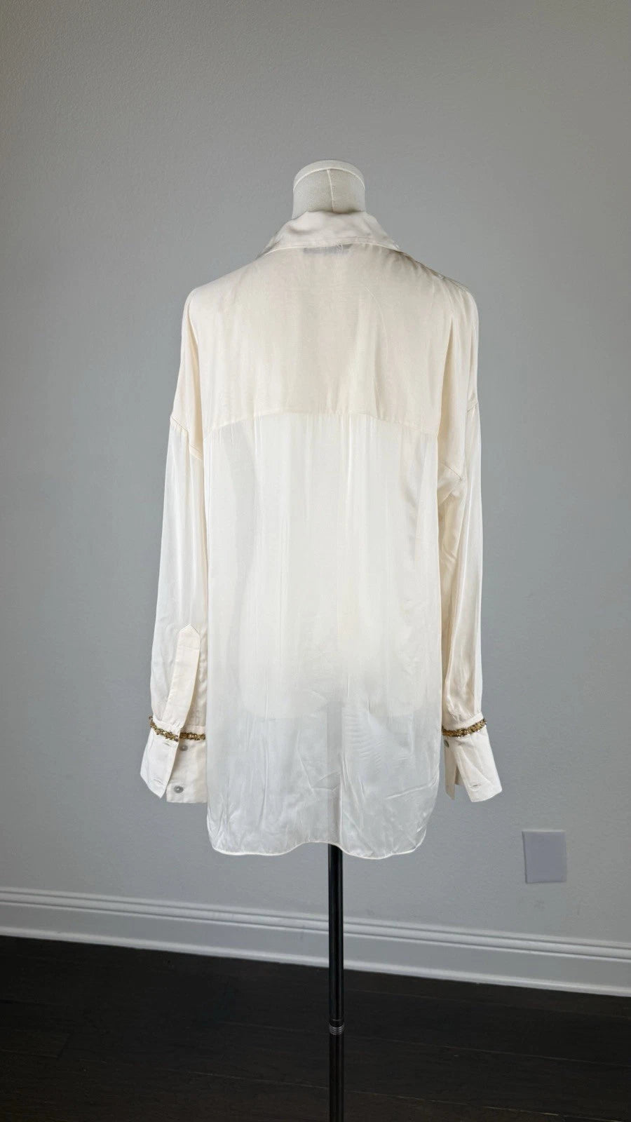 ZARA Women’s Ivory Sheer Collared Button-Up Blouse Viscose Long Sleeve Size S