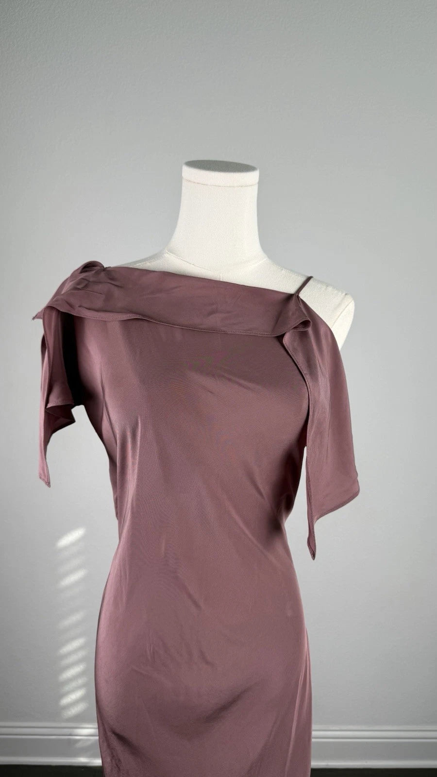 ZARA Women’s Mauve One-Shoulder Ruffle Satin Maxi Dress Open Back Size S&M