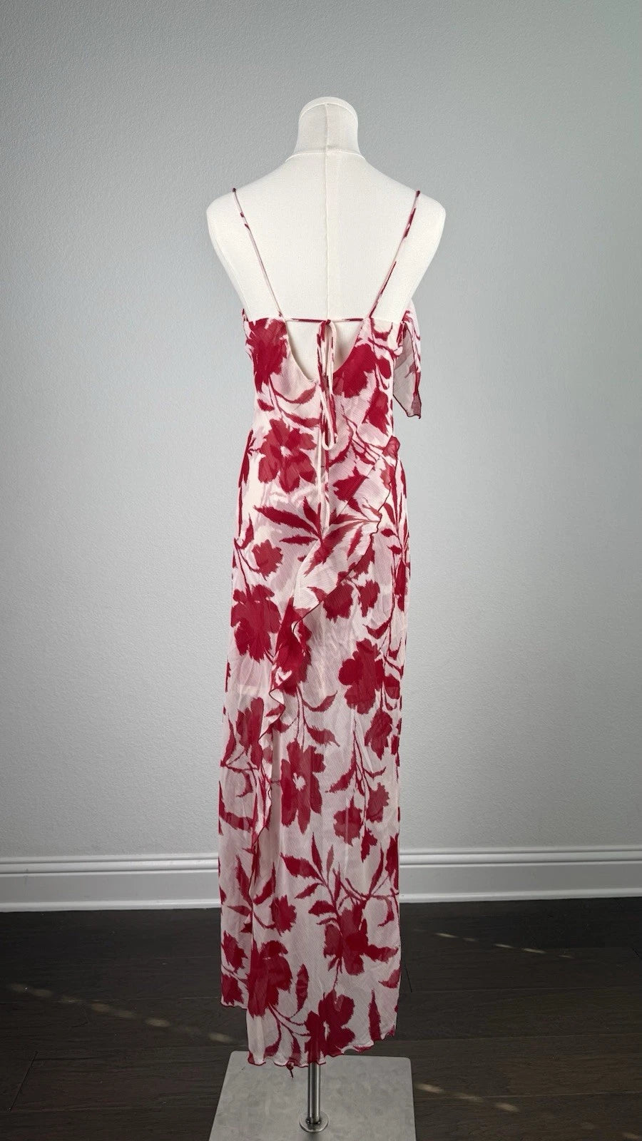ZARA White Red Floral Chiffon Maxi Dress Square Neck Ruffle Back Tie Size S