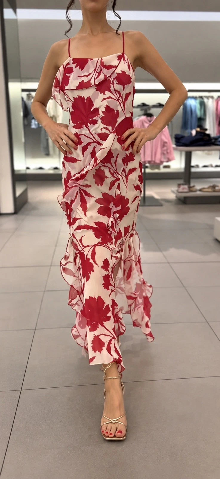 ZARA White Red Floral Chiffon Maxi Dress Square Neck Ruffle Back Tie Size S