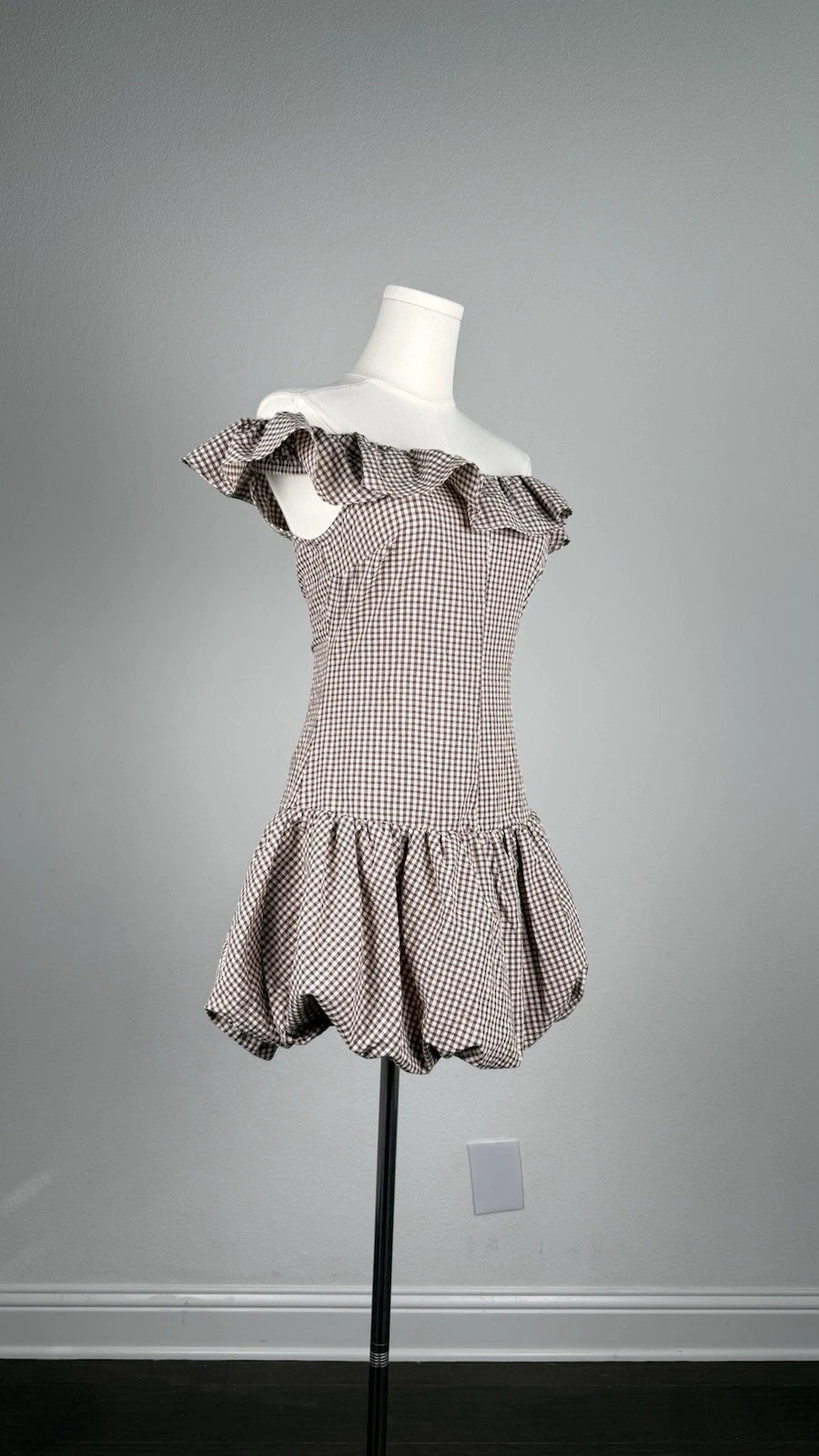 ZARA Brown/White Gingham Off Shoulder Ruffle Lined Mini Dress Size S 2180