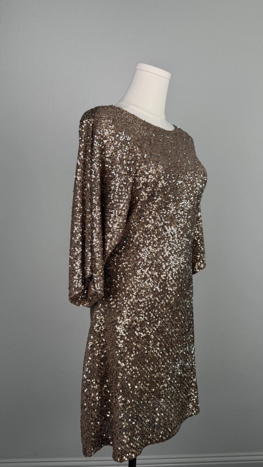 ZARA Women’s Gold Sequin Lined Open Back Mini Shift Dress 3/4 Sleeve Size L