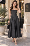 ZARA Black Strapless Denim Pleated A-Line Midi Dress Size S 6929/387/800