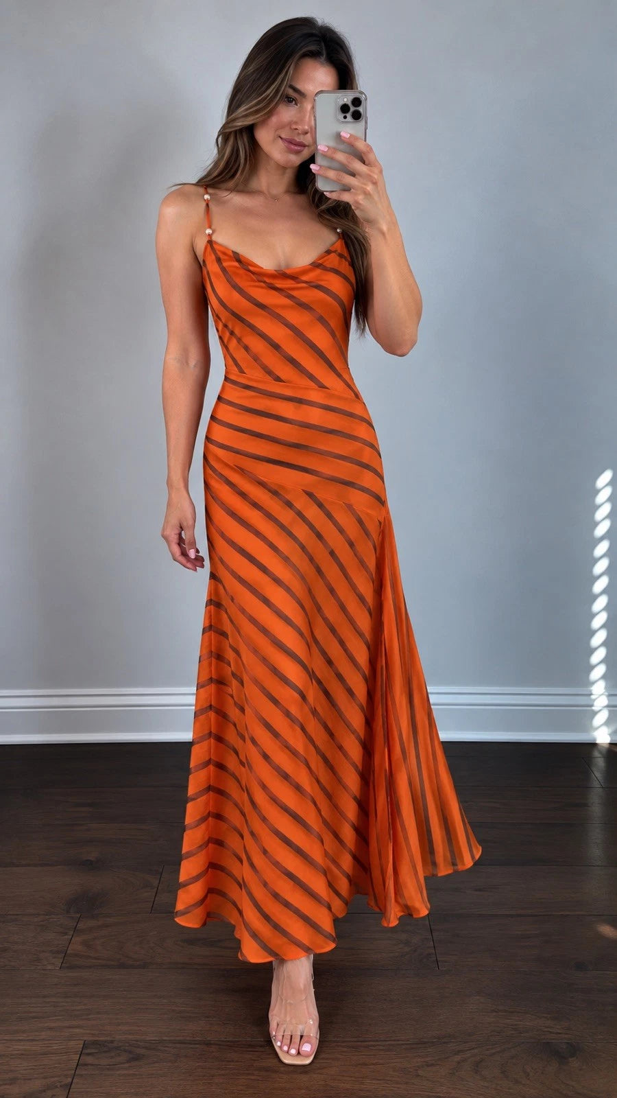 Women’s Orange Black Striped Cowl Neck Backless Maxi Dress Side Slit Size M