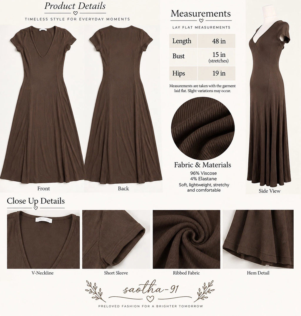 ZARA Brown Ribbed V-Neck Maxi Dress Short Sleeve Stretch Lightweight Size S