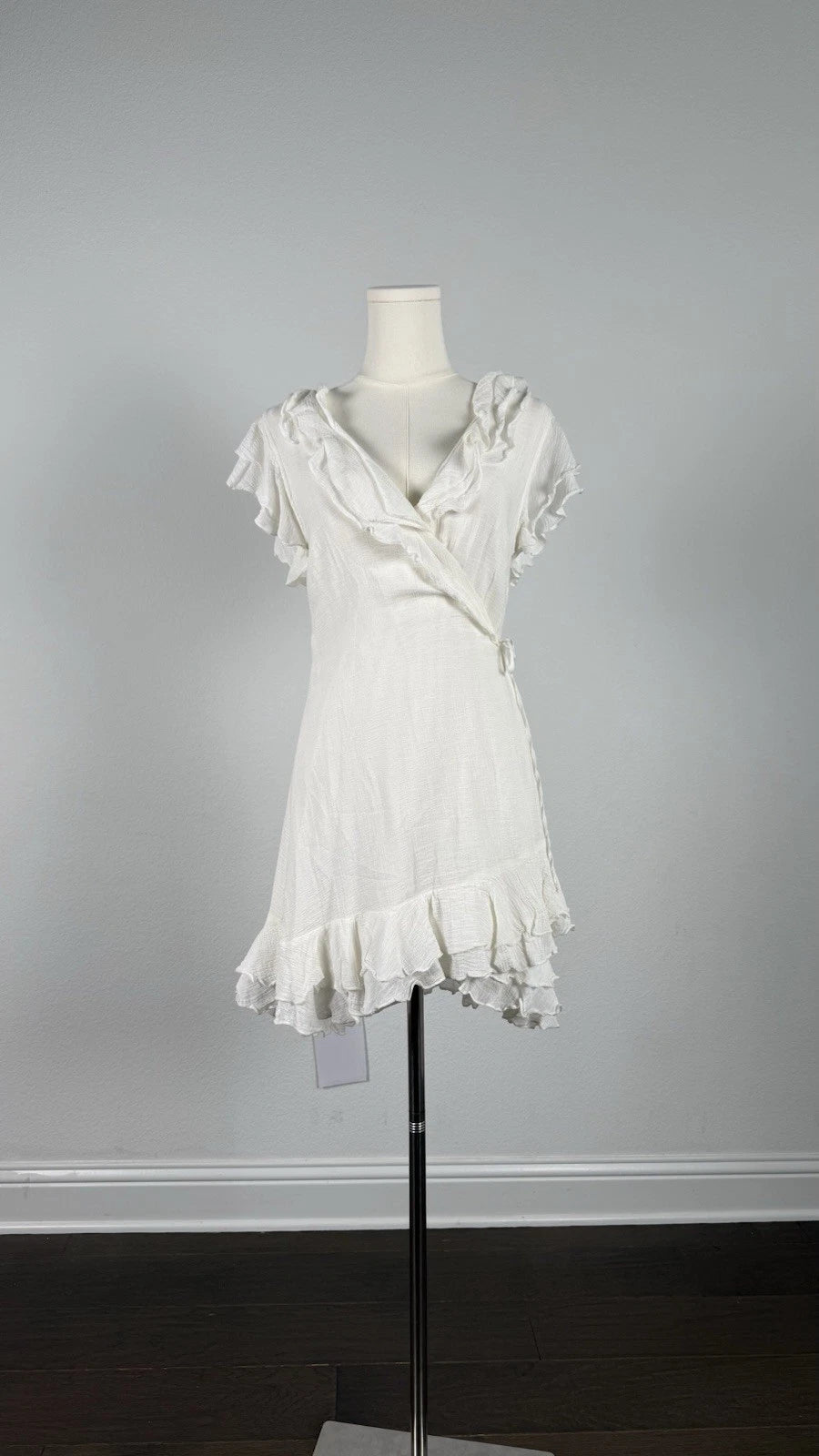 ZARA White Solid Wrap Mini Dress Ruffle Flutter Sleeve Size M