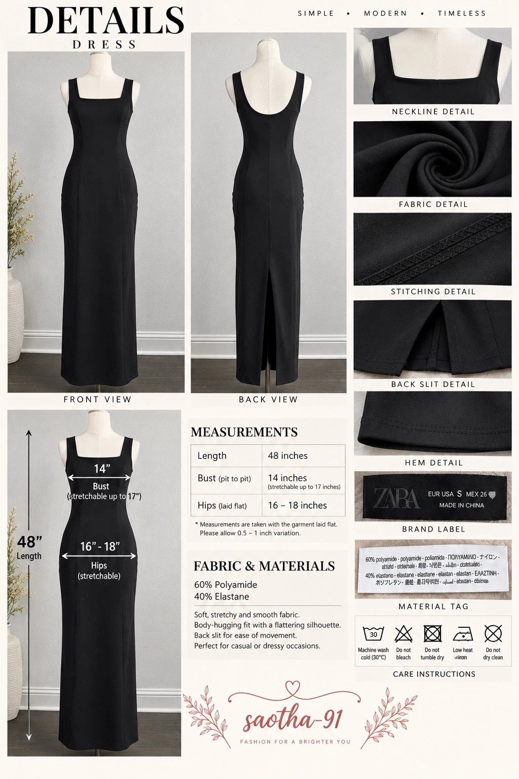 ZARA Black Square Neck Stretch Sheath Maxi Dress Sleeveless Size S 1355/011/800