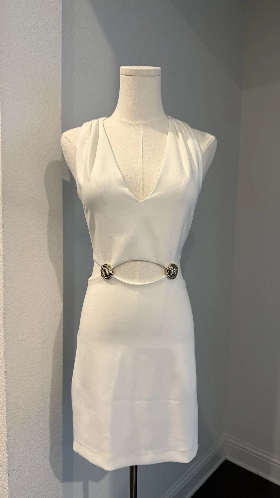 ZARA Cut Out Mini Dress Ecru White Gold Hardware Size M NWT