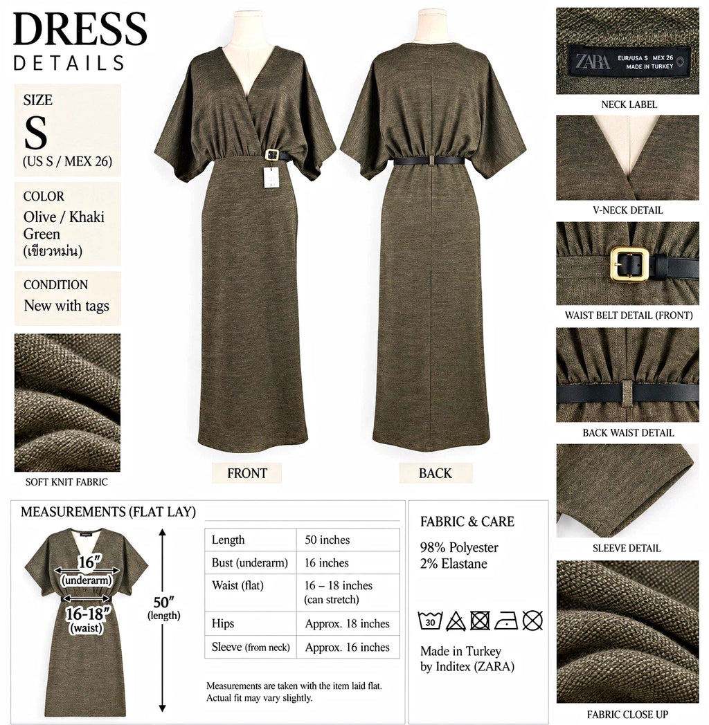 ZARA Green Knit V-Neck Belted Long Sheath Dress Stretch Size S