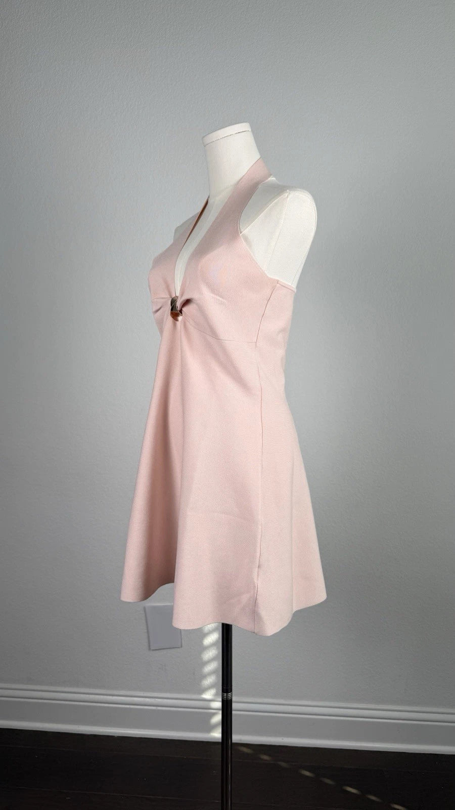 ZARA Pink Halter Open Back Knit A-Line Mini Dress Metal Accent Size M