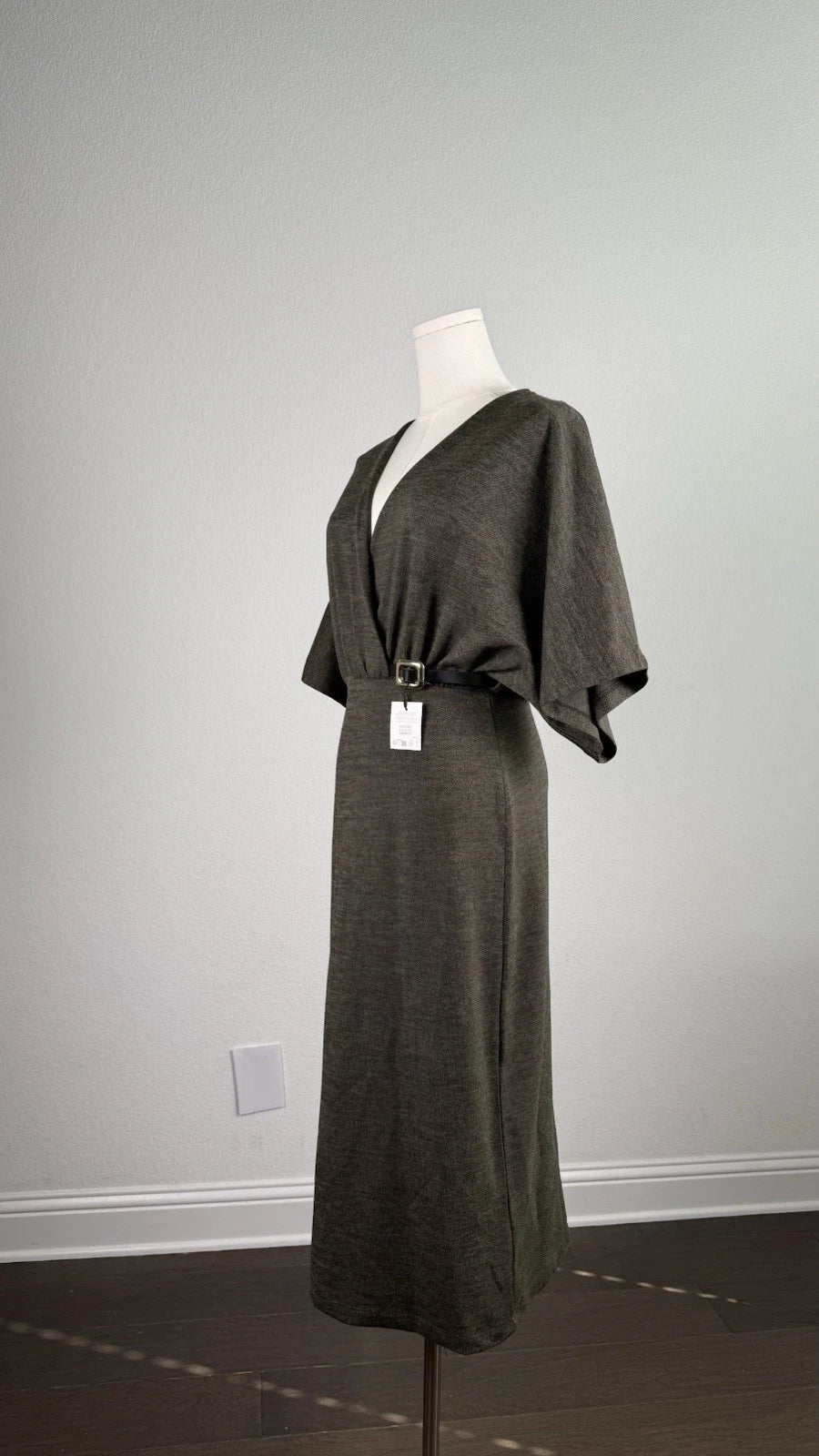 ZARA Green Knit V-Neck Belted Long Sheath Dress Stretch Size S