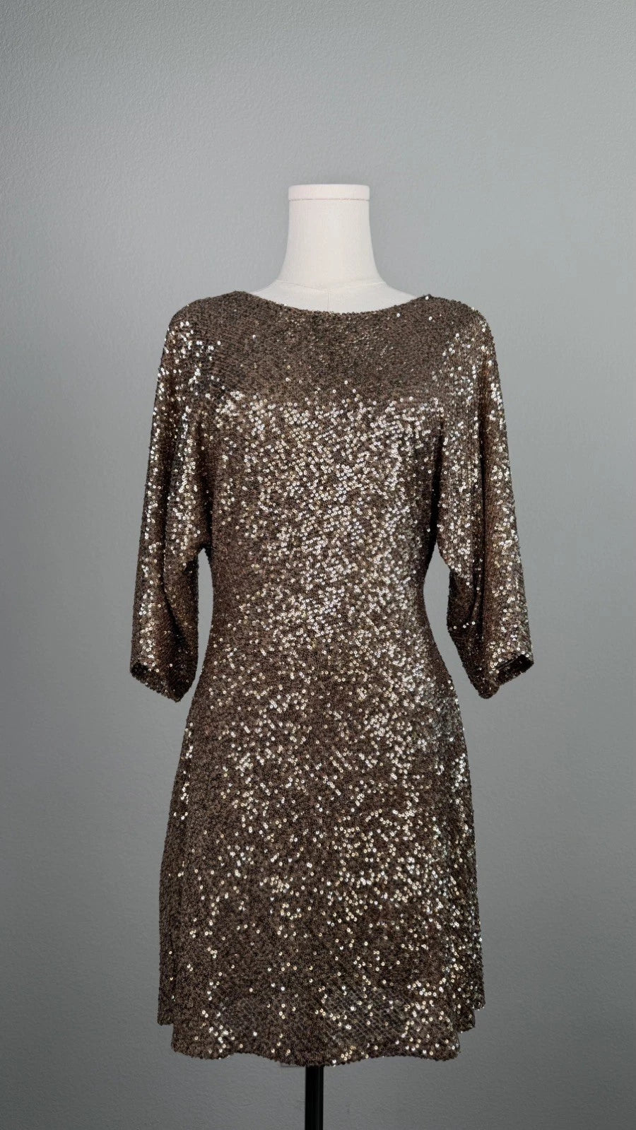 ZARA Women’s Gold Sequin Lined Open Back Mini Shift Dress 3/4 Sleeve Size L