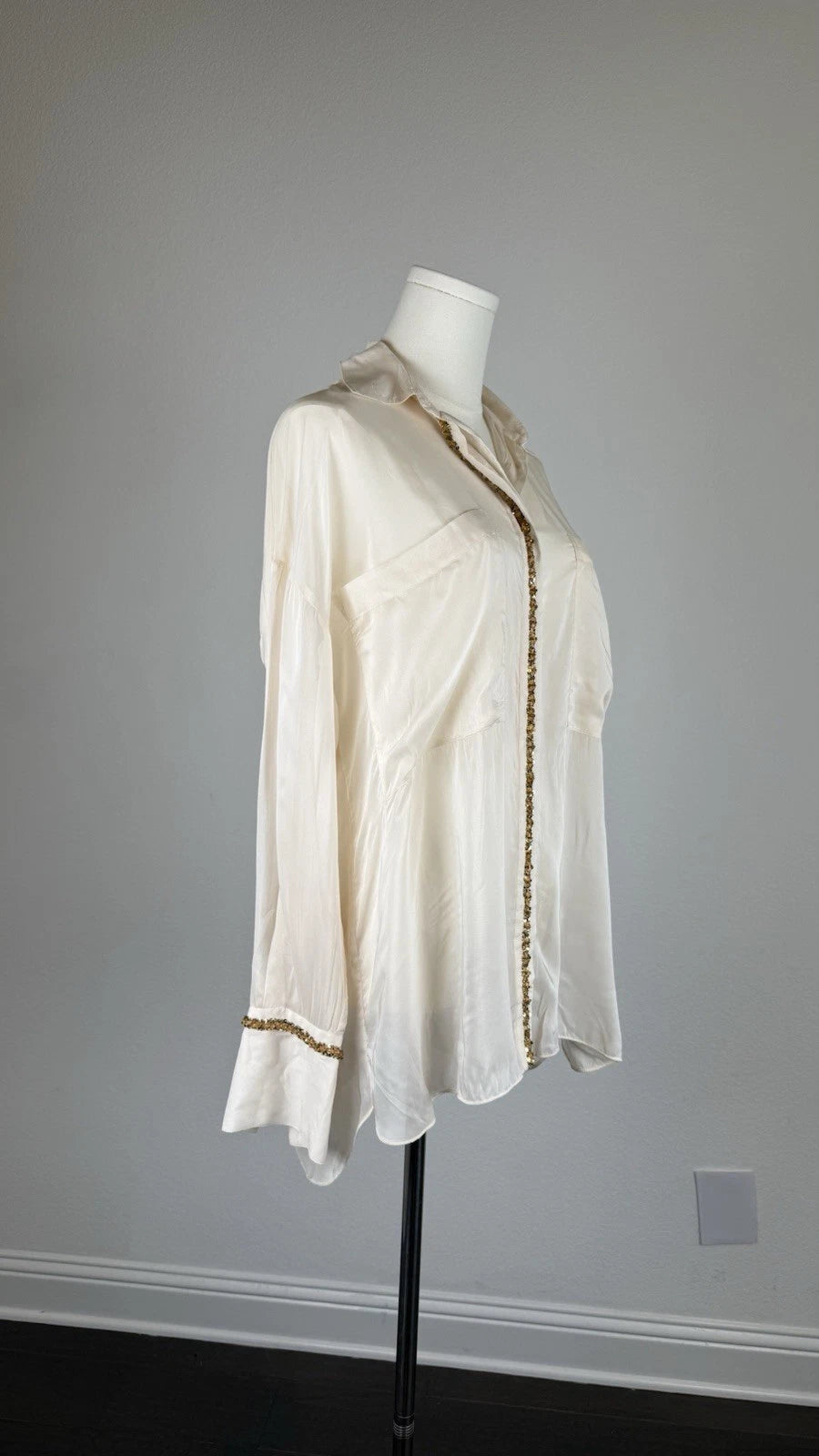 ZARA Women’s Ivory Sheer Collared Button-Up Blouse Viscose Long Sleeve Size S
