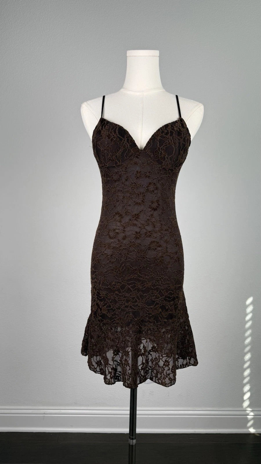 ZARA Brown Floral Lace Lined V-Neck Strappy Bodycon Dress Size S NWT