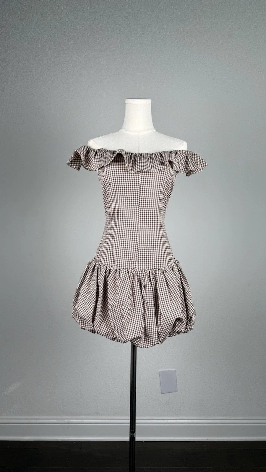 ZARA Brown/White Gingham Off Shoulder Ruffle Lined Mini Dress Size S 2180