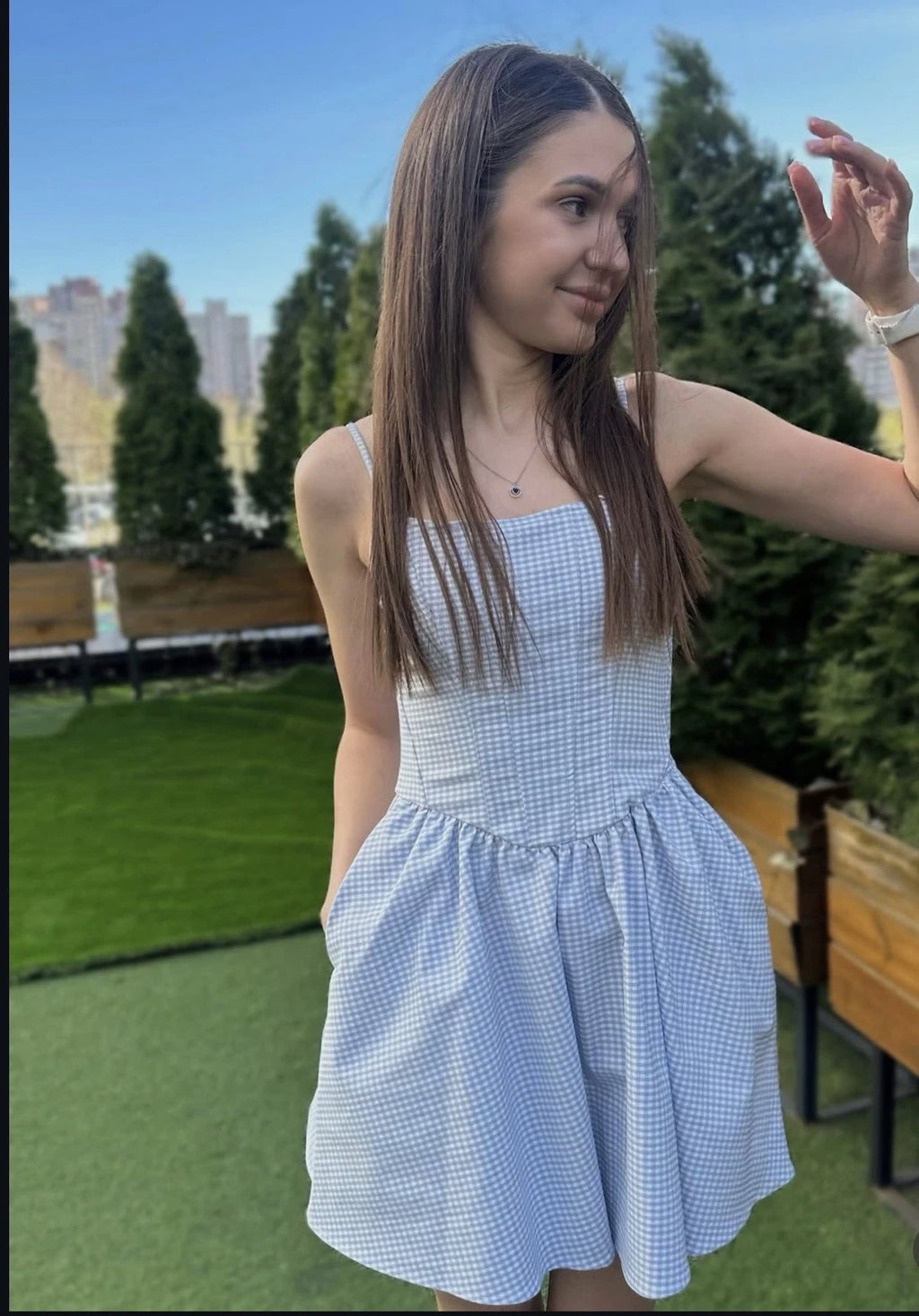 ZARA Blue White Gingham Square Neck Spaghetti Strap Mini Dress Size M