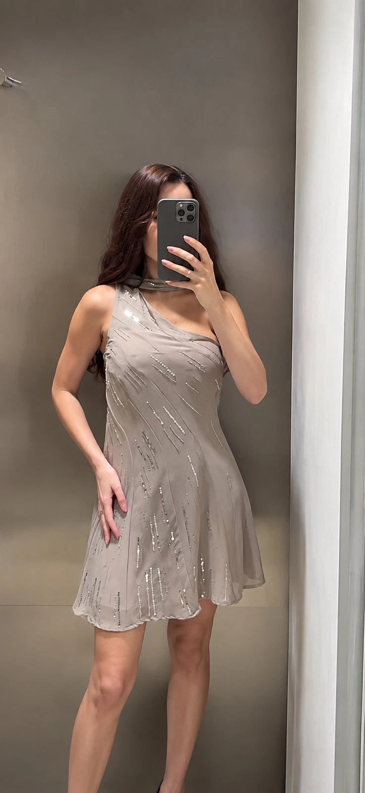 ZARA Sequin Chiffon One Shoulder Scarf Neck Dress Taupe Size M NWT