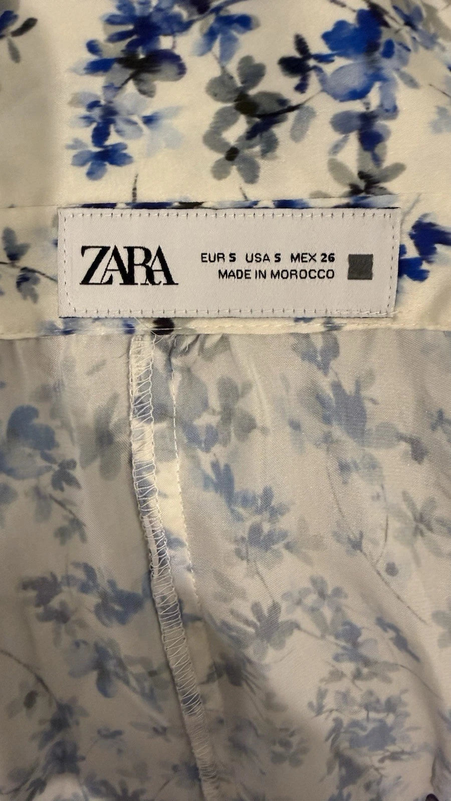 ZARA Blue White Floral Satin Fitted Shirt Blouse Size S 2580/126