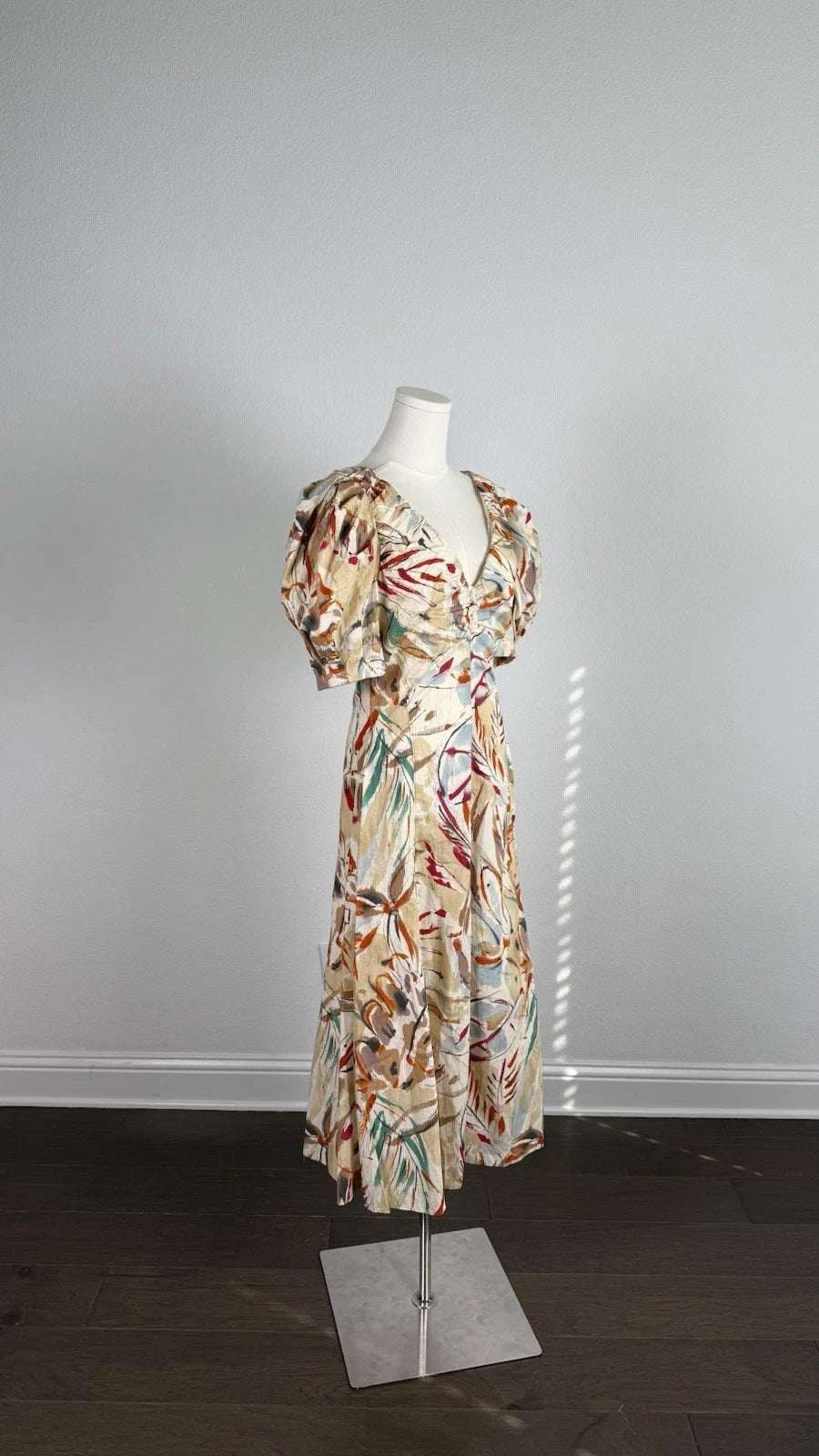 Women’s Floral V-Neck Puff Sleeve Midi Dress Woven Viscose Zip Ruffle Size S