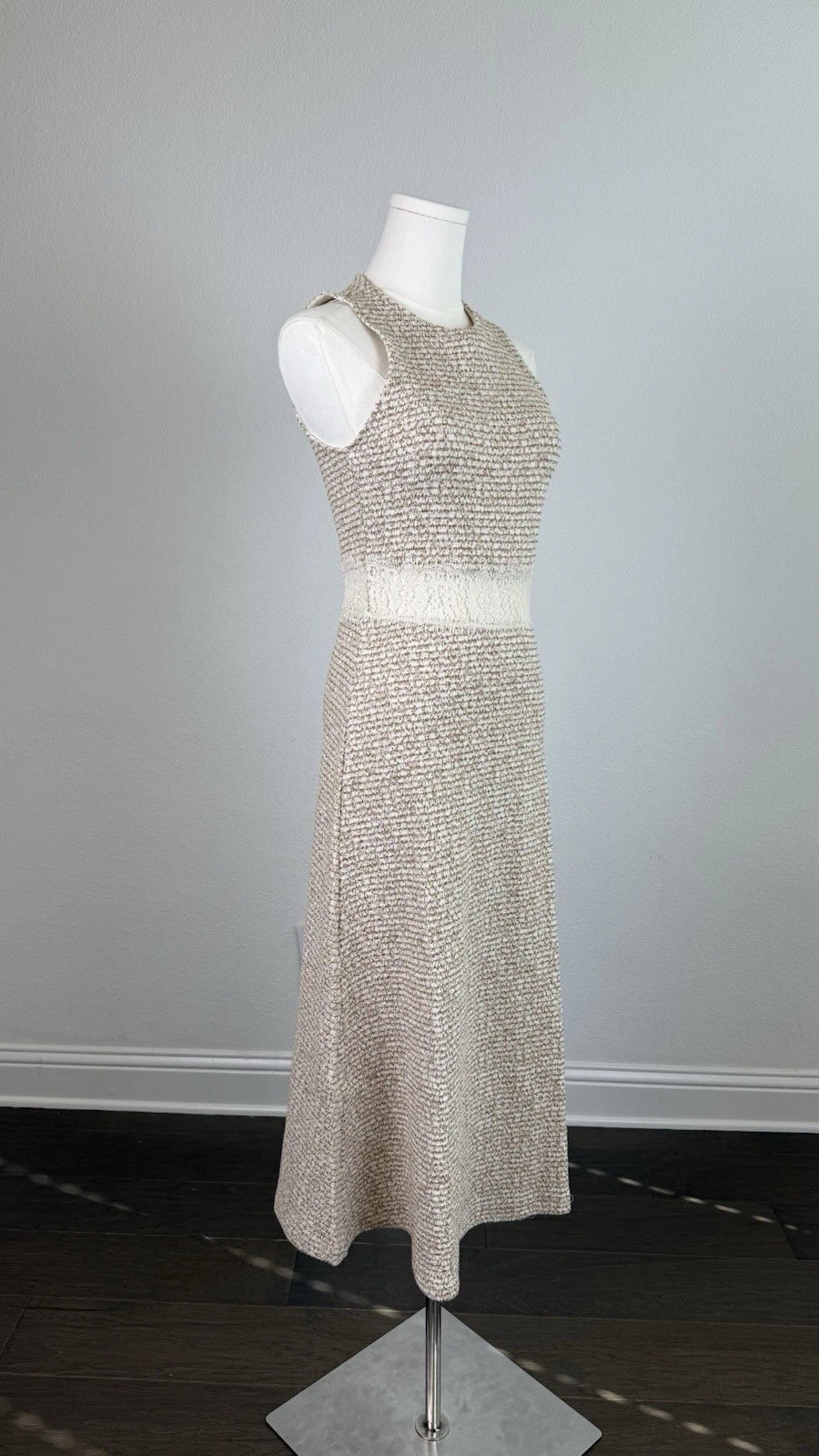 ZARA Beige White Textured Knit Lace Lined Midi Dress Sleeveless S