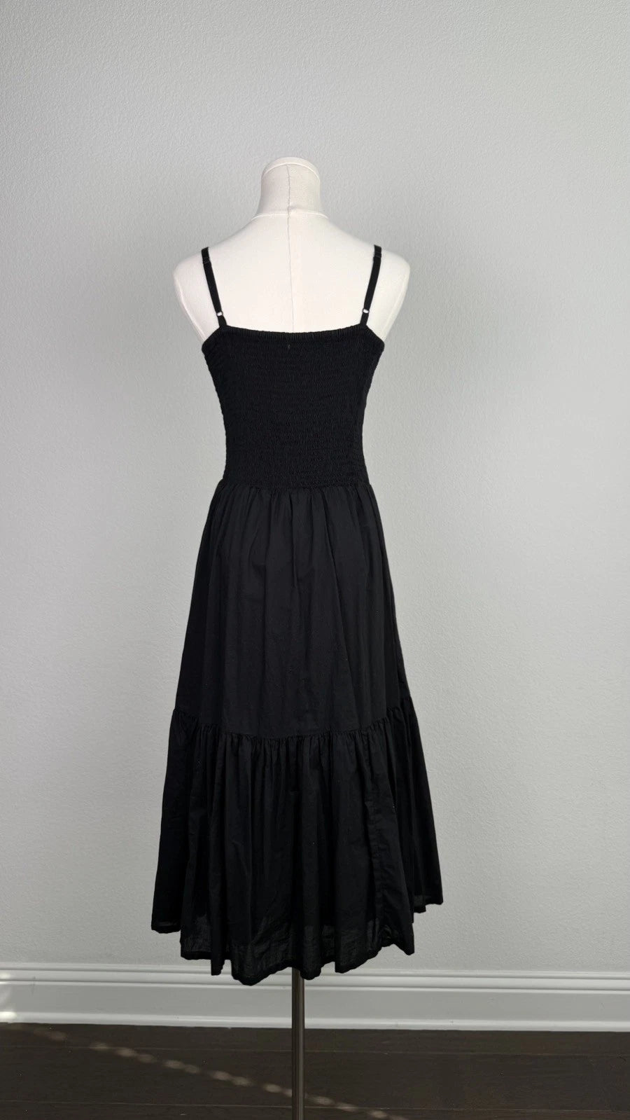 J.Crew Black Smocked Tiered Midi Dress Size M Spaghetti Strap AY145