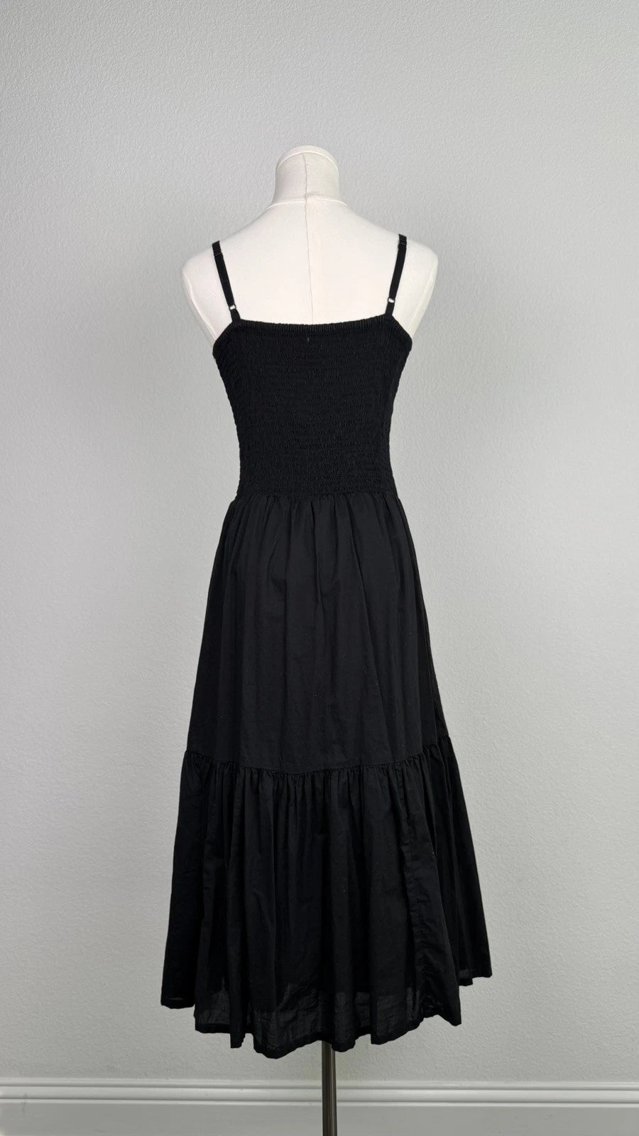 J.Crew Black Smocked Tiered Midi Dress Size M Spaghetti Strap AY145