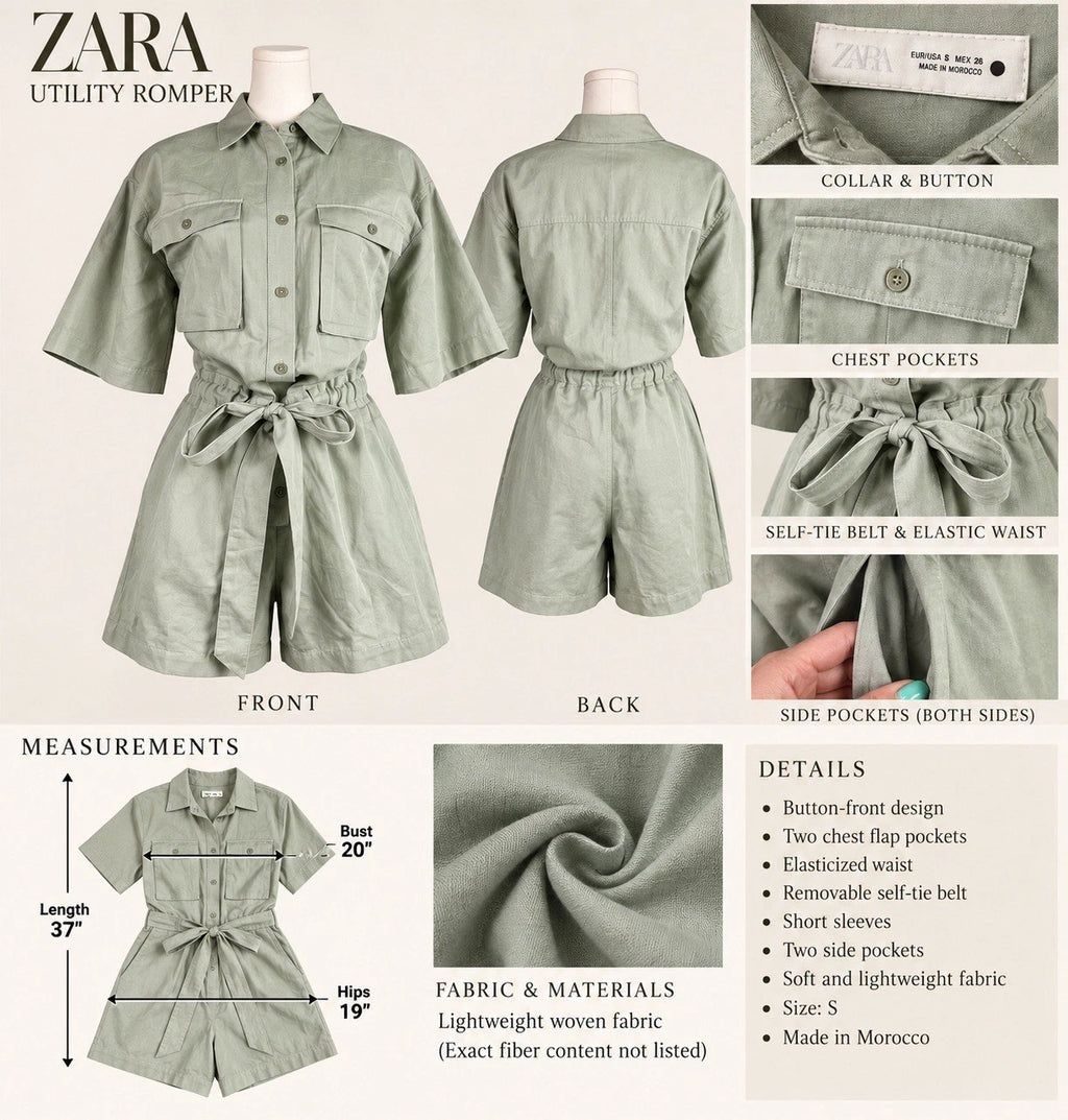 ZARA Women’s Green Solid Utility Romper Size S Collared Button Belted Pockets