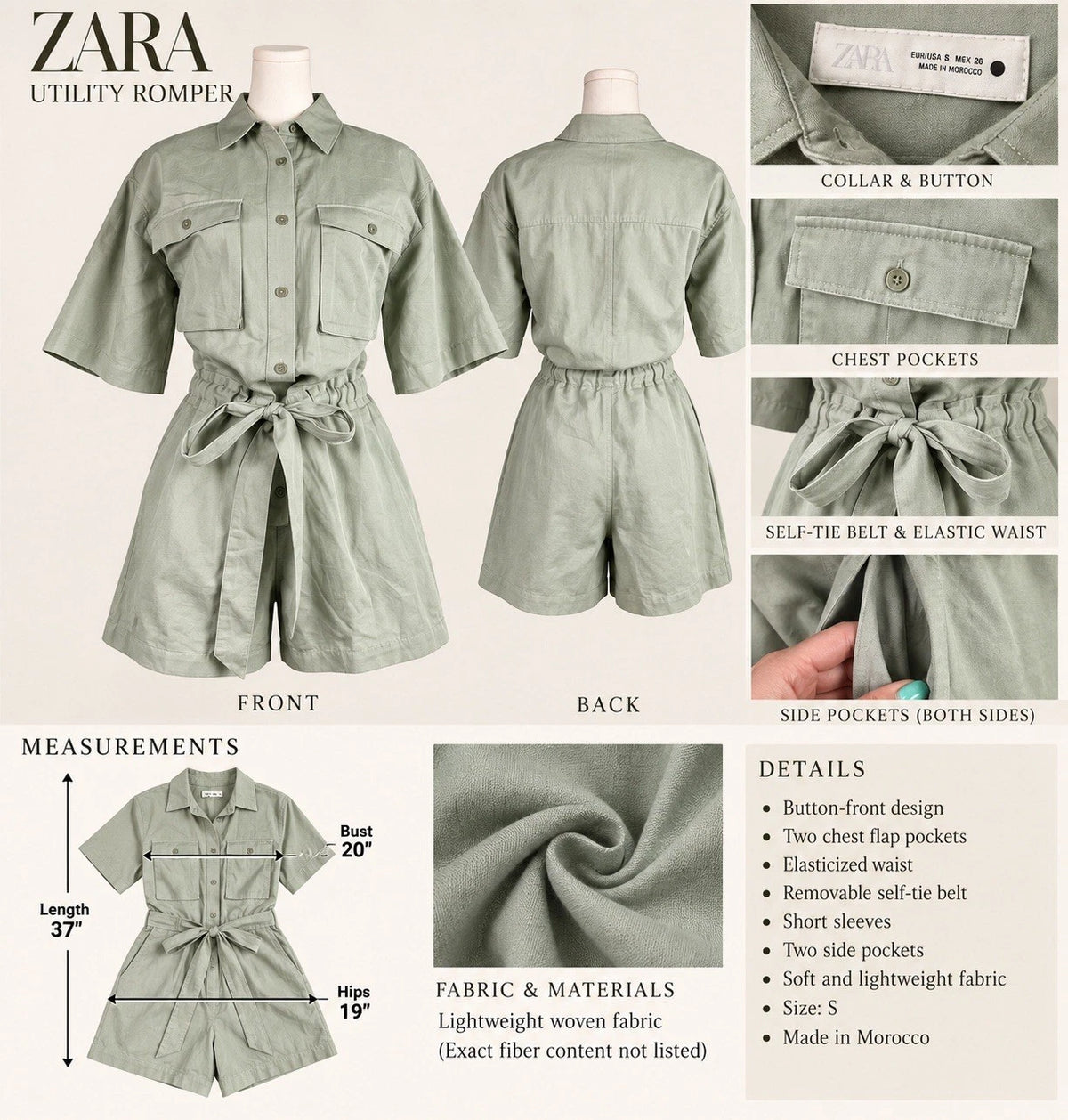 ZARA Women’s Green Solid Utility Romper Size S Collared Button Belted Pockets
