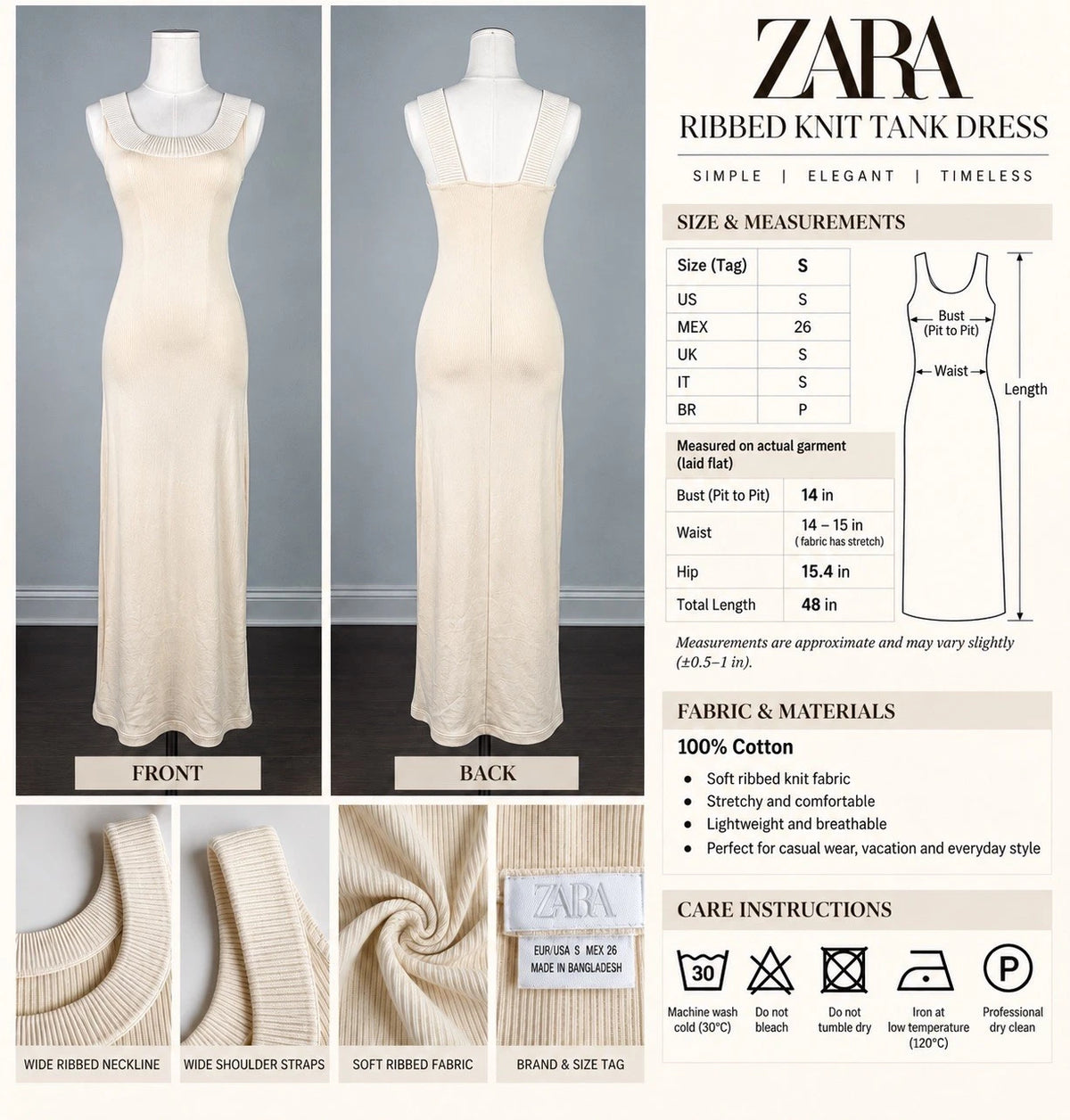 ZARA Ribbed Knit Tank Maxi Dress Beige Stretch Sleeveless Size S 4174/062/712