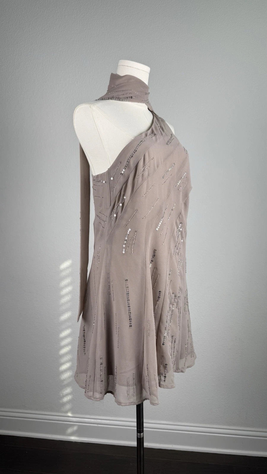 ZARA Sequin Chiffon One Shoulder Scarf Neck Dress Taupe Size M NWT