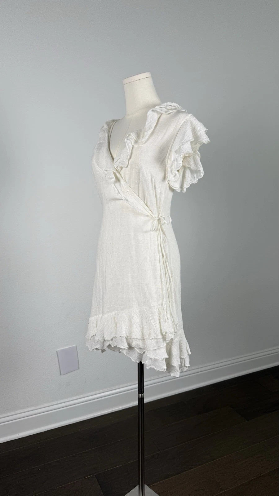 ZARA White Solid Wrap Mini Dress Ruffle Flutter Sleeve Size M