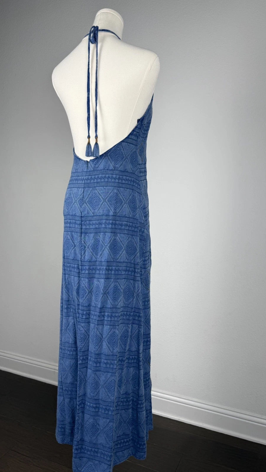 ZARA Blue Beaded Halter Maxi Dress XS Open Back Boho Embroidered Tassel