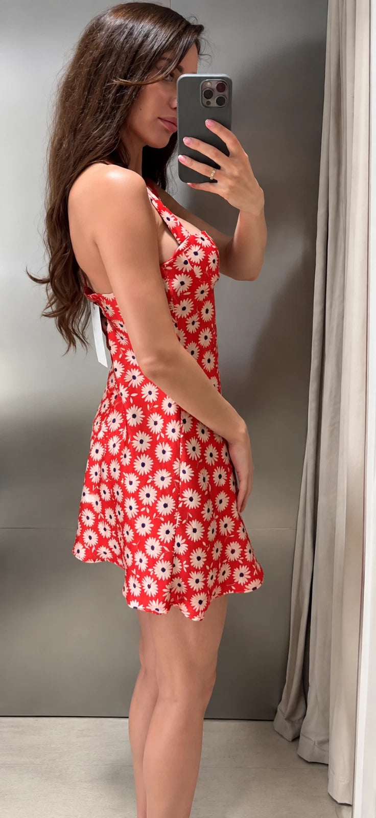 ZARA Red/White Floral Halter Sweetheart Ruched Mini Dress Pockets Size M