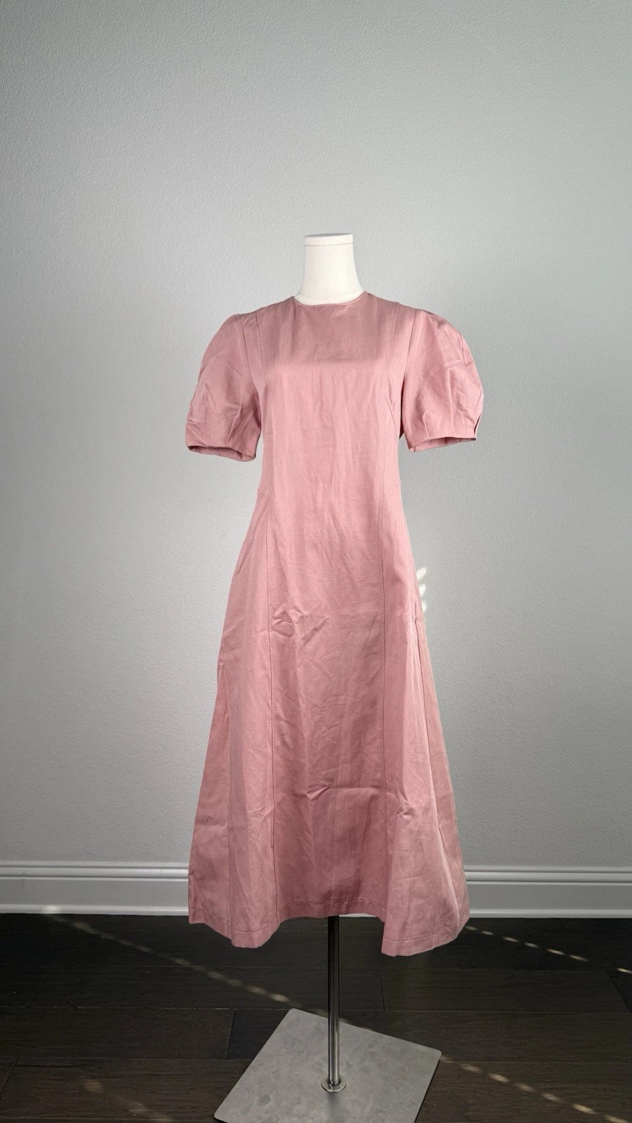 ZARA Pink Puff Sleeve Pleated A-Line Midi Dress Pockets Cotton Linen Size M