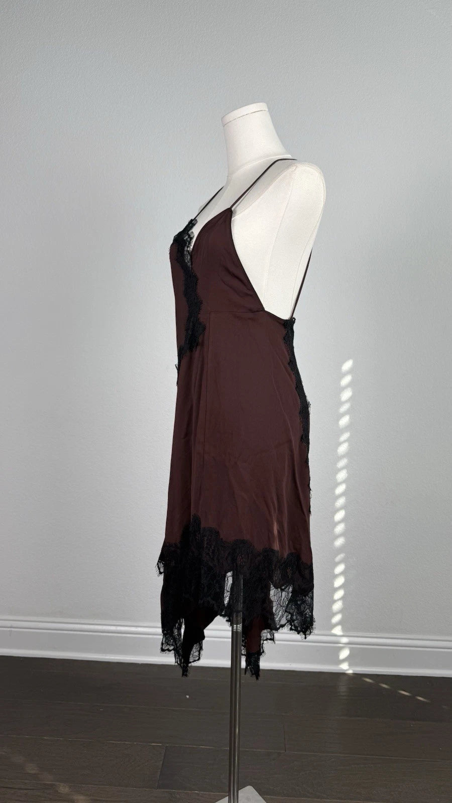 ZARA Women's Brown Solid Full Slip Dress Lace Accents Asymmetrical Hem M