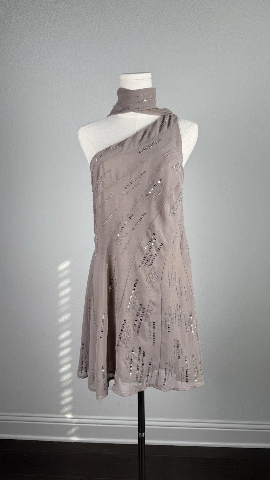 ZARA Sequin Chiffon One Shoulder Scarf Neck Dress Taupe Size M NWT