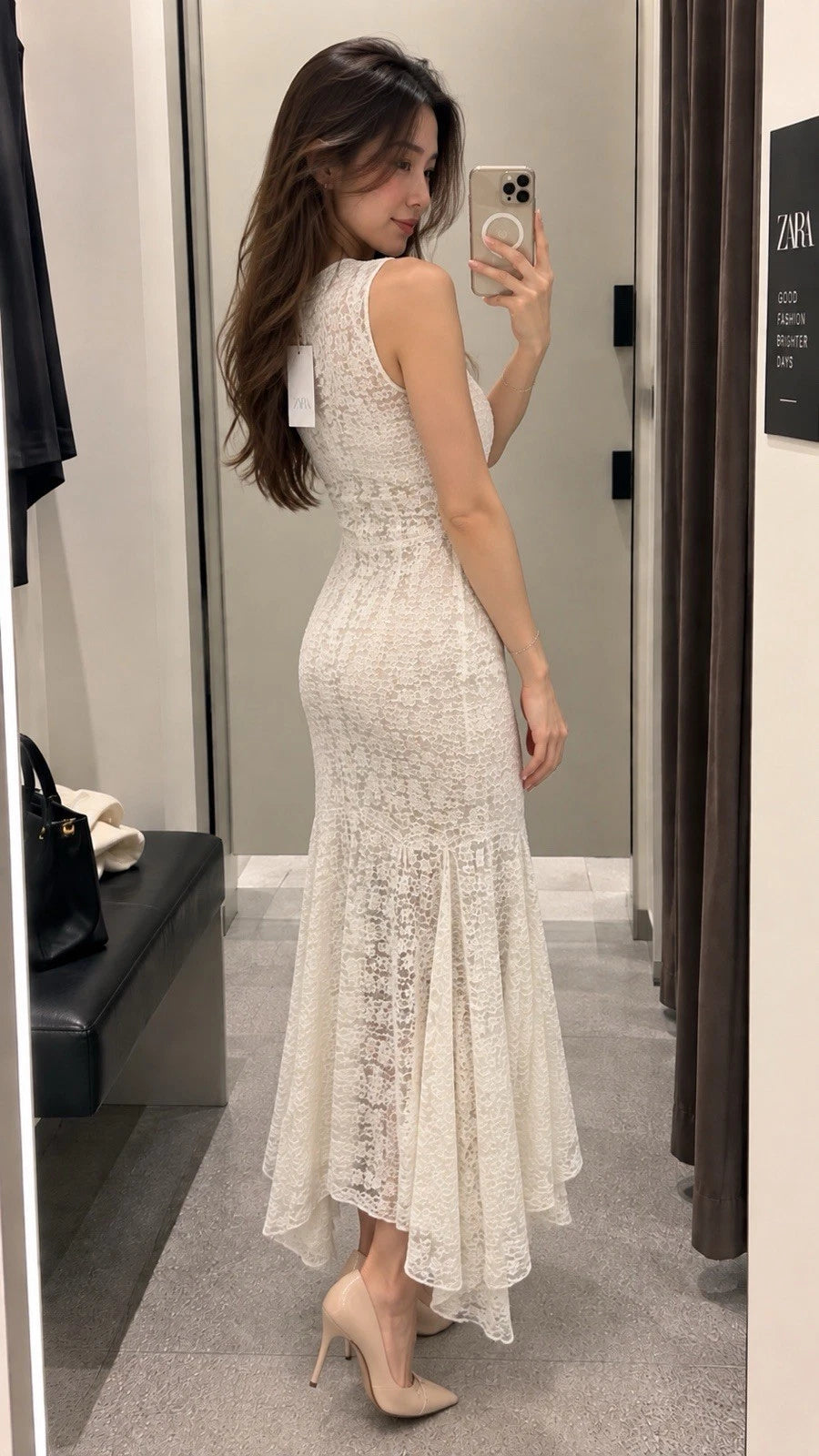 ZARA White/Ivory Floral Lace Sleeveless Long Maxi Sheath Dress Zip Size M
