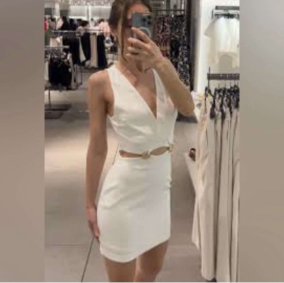 ZARA Cut Out Mini Dress Ecru White Gold Hardware Size M NWT